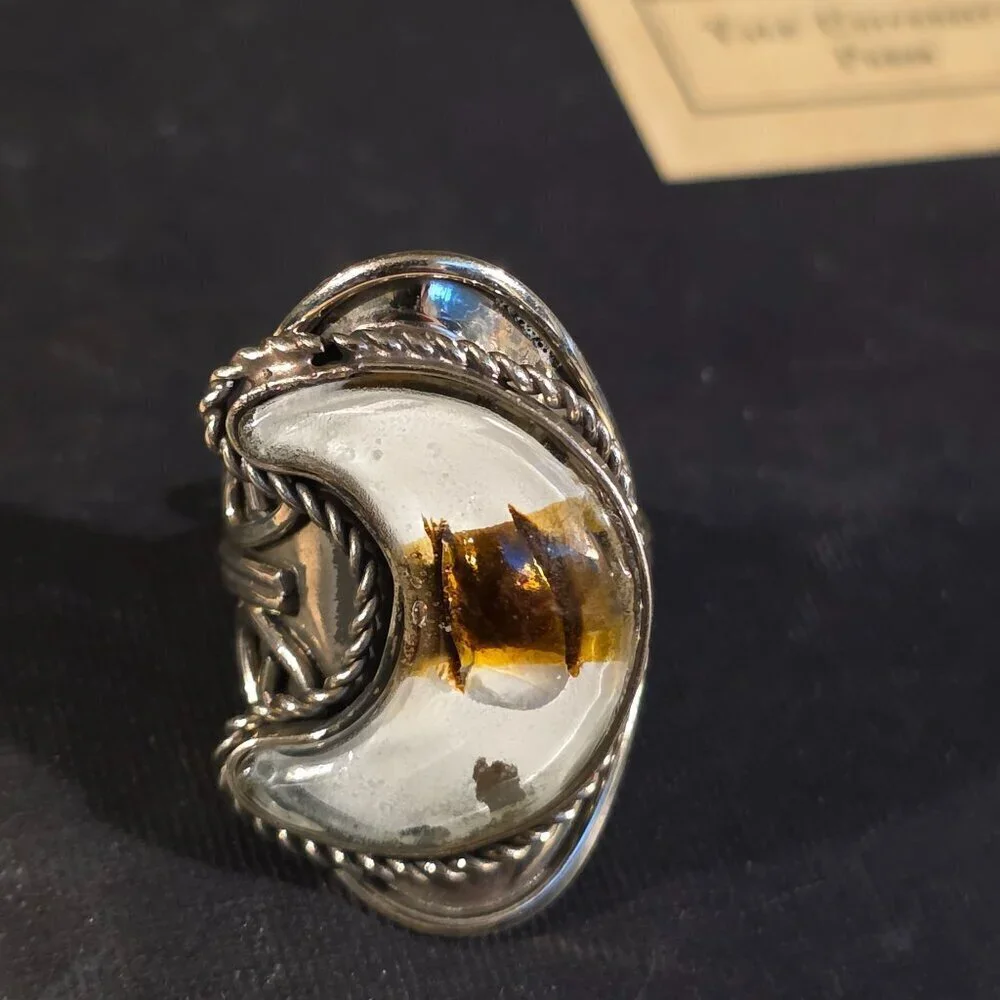 Peruvian Fused Art Glass White Silver Multi Crescent Moon OOAK Artisan Ring